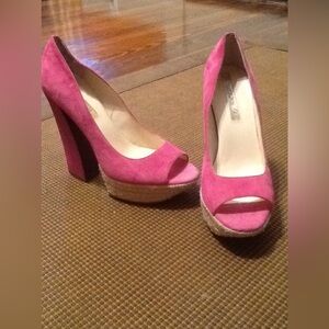 Boutique 9 Amalia Pink Suede Peep Toe Pumps With Cork And Rope Heel Size 8.5 M